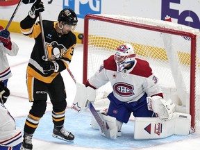 Penguins' Colin White tried get his stick on a rebound while standing in front of Canadiens goaltender Jake Allen during a game last month in Pittsburgh.