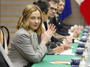 Italian Prime Minister Giorgia Meloni attends a meeting with Japanese Prime Minister Fumio Kishida at the prime minister's office in Tokyo on Monday, Feb. 5, 2024.