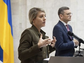 Canadian Foreign Minister Mélanie Joly speaks to the media during a press conference with Ukraine's Foreign Minister Dmytro Kuleba in Kyiv, Ukraine, on Friday, Feb. 2, 2024.