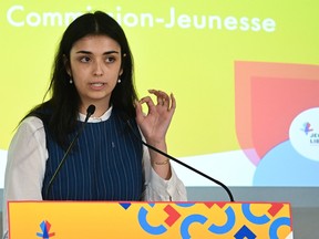 Élyse Moisan, incoming president of the Quebec Liberal Party Youth Commission, speaks during the party's youth convention in Montreal on Aug. 19, 2023.