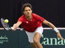 Tennis: Montrealer Gabriel Diallo vaults Canada to next stage of Davis Cup 3 Gabriel Diallo of Canada hits a return to Kwon Soon-woo of South Korea during the first singles match of the Davis Cup tennis qualifiers in Montreal on Friday, Feb. 2, 2024.