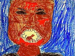 Child's drawing of a face with an open mouth and teeth showing.