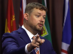 Daniel Blaikie speaks during a press conference on Parliament Hill in Ottawa, Thursday, Sept. 21, 2023.