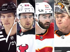 Headshots of Cal Foote, from left, Michael McLeod, Dillon Dubé and Carter Hart are seen.