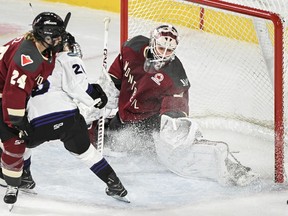 Minnesota's Kendall Coyne Schofield (26) moves in on Montreal goaltender Elaine Chuli as Montreal's Ann-Sophie Bettez defends during third period PWHL hockey action in Laval on Sunday, Feb. 18, 2024.