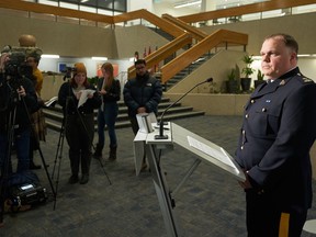 Insp. Tim Arseneault, operations officer, RCMP major crime services speaks to the media about an ongoing investigation in Winnipeg on Sunday, Feb. 11, 2024. RCMP say they are investigating the suspicious deaths of three children and two women in southern Manitoba.