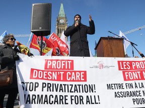 NDP Leader Jagmeet Singh speaks at a health-care rally on Parliament Hill in Ottawa on Tuesday, Feb. 13, 2024.