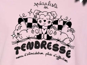 Closeup of a pink t-shirt that says "tendresse"