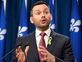 Parti Quebecois Leader Paul St-Pierre-Plamondon speaks at a press conference, Tuesday, February 13, 2024 at the legislature in Quebec City.