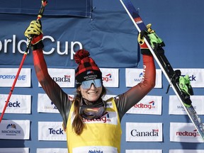 Quebecer Brittany Phelan finally has her first women's ski cross World Cup gold medal. Phelan, 32, finished first in the women's final on Sunday, Feb. 25, 2024. Phelan celebrates her third place finish on the podium following the women's final of a World Cup ski cross event at Nakiska Ski Resort in Kananaskis, Alta., on Jan. 21, 2024.
