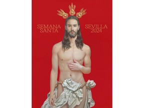 Poster by internationally recognized Seville artist Salustiano Garcia Cruz depicts a young, handsome, fit and fresh-faced Jesus.