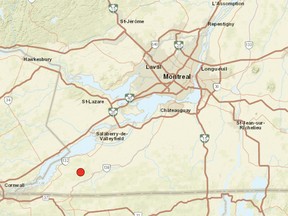 Map shows earthquake location southwest of Montreal.