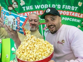 Bad Monkey Popcorn co-founders Fabio Zeppilli, left, and Joseph Zeppilli are seen at their plant in Anjou on Tuesday Feb. 27, 2024.