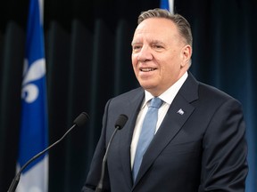 Quebec Premier François Legault reacts to the Court of Appeal decision on Bill 21to the media on Thursday February 29, 2024.