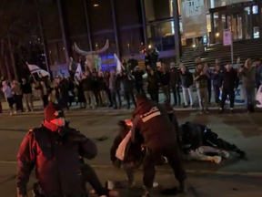 Screengrab of a video showing police arresting a person during a protest