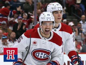 Alex Newhook of the Montreal Canadiens celebrates a goal