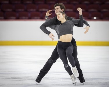 Laurence Fournier Beaudry and Nikolaj Soerensen on the ice during practice of their ice dance routine at the Bell centre on Wednesday, March 6, 2024.