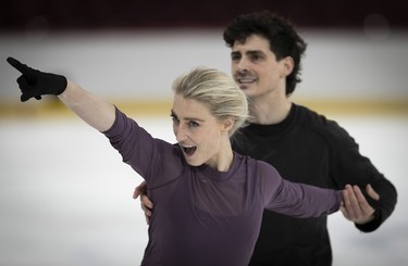 Piper Gilles and Paul Poirier on the ice during practice of their ice dance routine at the Bell centre on Wednesday, March 6, 2024.