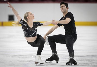 Marjorie Lajoie and Zachary Lagha on the ice during practice of their ice dance routine at the Bell Centre on Wednesday, March 6, 2024.