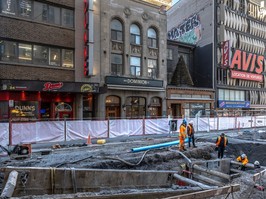 Construction is cutting into customer traffic for businesses on Metcalfe St. in Montreal as shown in this March 8, 2024, photo.