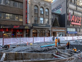 Construction is cutting into customer traffic for businesses on Metcalfe St. in Montreal as shown in this March 8, 2024, photo.