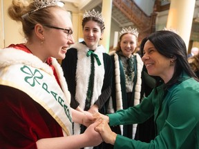 Mayor Valérie Plante greets Chloe Miller, this year's St. Patrick's Parade queen, during a gathering at city hall on Monday, March 11, 2024 to announce the festivities surrounding the parade.