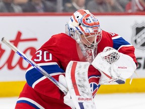 A close-up of Canadiens' goalie Cayden Primeau.