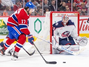 Canadiens' Josh Anderson looks for an opening against Blue Jackets goalie Dmitri Tarasov during a game this month at the Bell Centre.