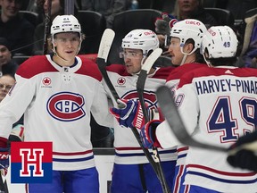 A group of Montreal Canadiens celebrate a goal