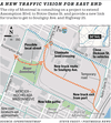 Map shows a mobility plan for the southern extension of Assomption Blvd. through Boisée Steinberg and connecting Souligny Ave. to the Port of Montreal