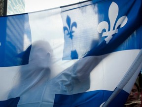 A protester is obscured by an oversize Quebec flag during a student protest in Montreal in 2012.