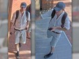 Surveillance images of a man in shorts, a white shirt and ball cap.