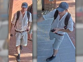 Surveillance images of a man in shorts, a white shirt and ball cap.