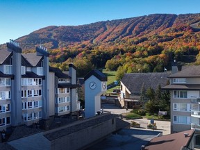 A overview of a condo complex with a mountain in the background, displaying fall colours.