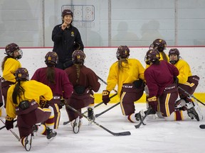 Concordia Stingers head coach Julie Chu speaks to her players, who are seen kneeling on the ice in front of her.