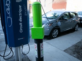 New green parking space poles for electric vehicles announced by the city of Montreal mayor Valerie Plante on Monday August 16, 2021.
