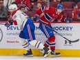 Forward Jared Davidson, right, slips past defenceman David Savard during Canadiens' annual Red vs. White game last September.