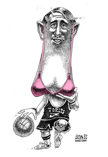Sketch of Brian Mulroney dribbling a basketball. His chin is being held up with a pink bra.