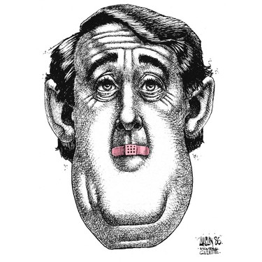 Sketch of Brian Mulroney's head with a pink bandaid over his mouth.