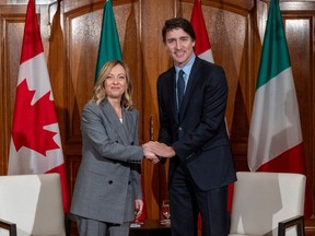 Prime Minister Justin Trudeau welcomes Italian Prime Minister Giorgia Meloni in Toronto on Saturday, March 2, 2024.