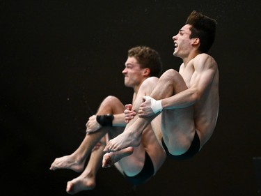 Nathan Zsombor-Murray of Pointe-Claire and Rylan Wiens of Canada compete in the Men's 10m Synchronized Platform Final during the World Aquatics Diving World Cup at the Olympic Park Sports Centre on Sunday, March 3, 2024, in Montreal.