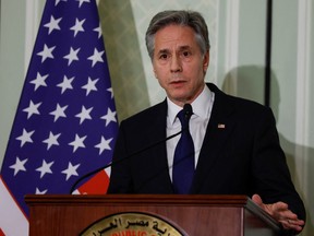 U.S. Secretary of State Antony Blinken speaks during a joint press conference with Egypt's Foreign Minister Sameh Shoukry (not pictured) following a meeting between the U.S. top diplomat and Arab envoys, in Cairo on March, 21, 2024.