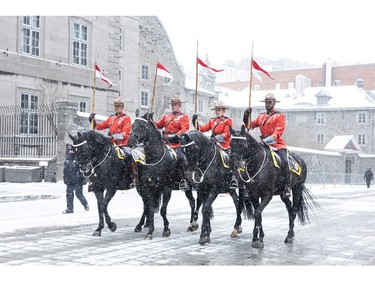 Royal Canadian Mounted Police participate in the state funeral for former Canadian prime minister Brian Mulroney at Notre-Dame Basilica in Montreal on Saturday, March 23, 2024.