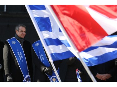 Greek Prime Minister Kyriakos Mitsotakis takes part in the Greek Independence Day Parade on Sunday, March 24, 2024, in Montreal.