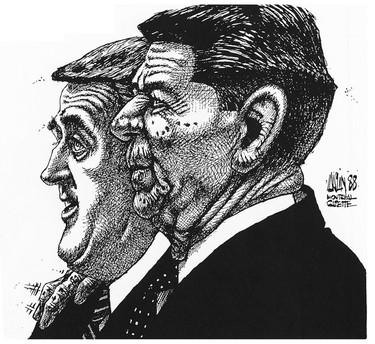Sketch in profile of Ronald Reagan in the foreground with Brian Mulroney beside him.