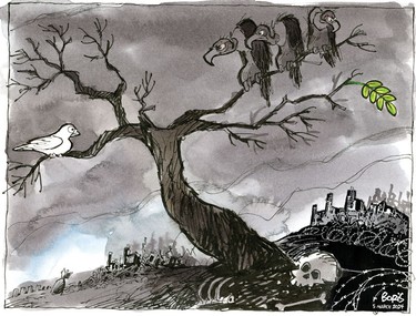 Three vultures are perched on an ominous-looking tree in a desolate wasteland, between a dove on one bough and an olive branch on another. One of the vultures is eyeing the olive branch. On the ground are destroyed buildings, bombs and human bones. The green olive branch is the only colour in the image.