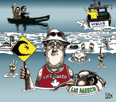 Cartoon of Brian Mulroney in a lifeguard tank top. He is in a lake and there are people drowning around him.