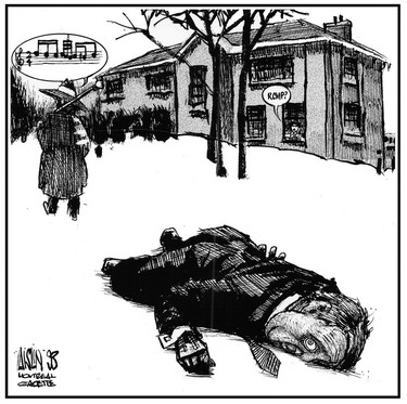 Cartoon shows Brian Mulroney in the foreground, face-down in the snow. Pierre Trudeau is walking away whistling.
