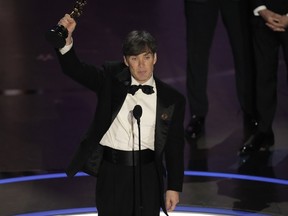 Cillian Murphy accepts the award for best performance by an actor in a leading role for Oppenheimer during the Oscars on Sunday, March 10, 2024, at the Dolby Theatre in Los Angeles.