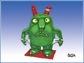 A cartoon depicts the green mascot of the Just for Laughs festival holding out their empty pockets. Their feet are tattered and there's a bandage on their left horn.